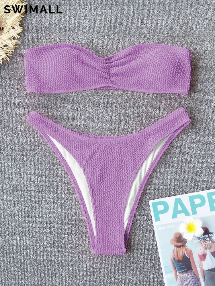 Sexy Textured Bikini 2025 Bandeau Swimsuit Women Swimwear Push Up Bikini Set Solid Bathing Suit Beach Wear Biquini Female