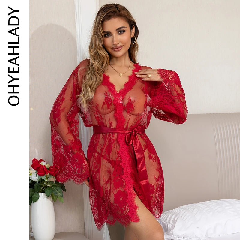 Red Sheer Mesh Robe Set – Plus Size Babydoll Nightgown