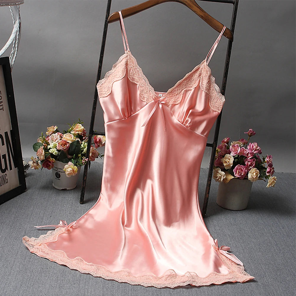 Satin Lace Nightdress – Sexy Solid Color Wrap Sleepwear Short Dress