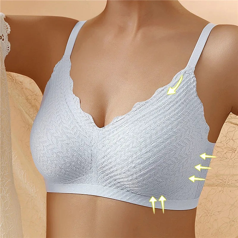 Seamless Lace Wireless Bra – V-Neck Push-Up Bra with Detachable Cups