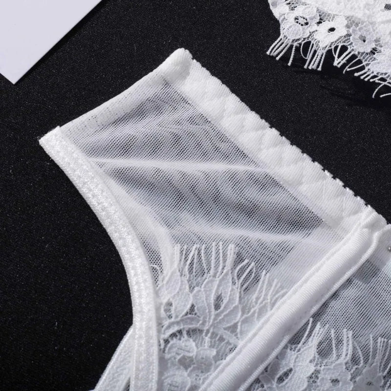 Transparent Lace Bra & Thong with Garter Belt