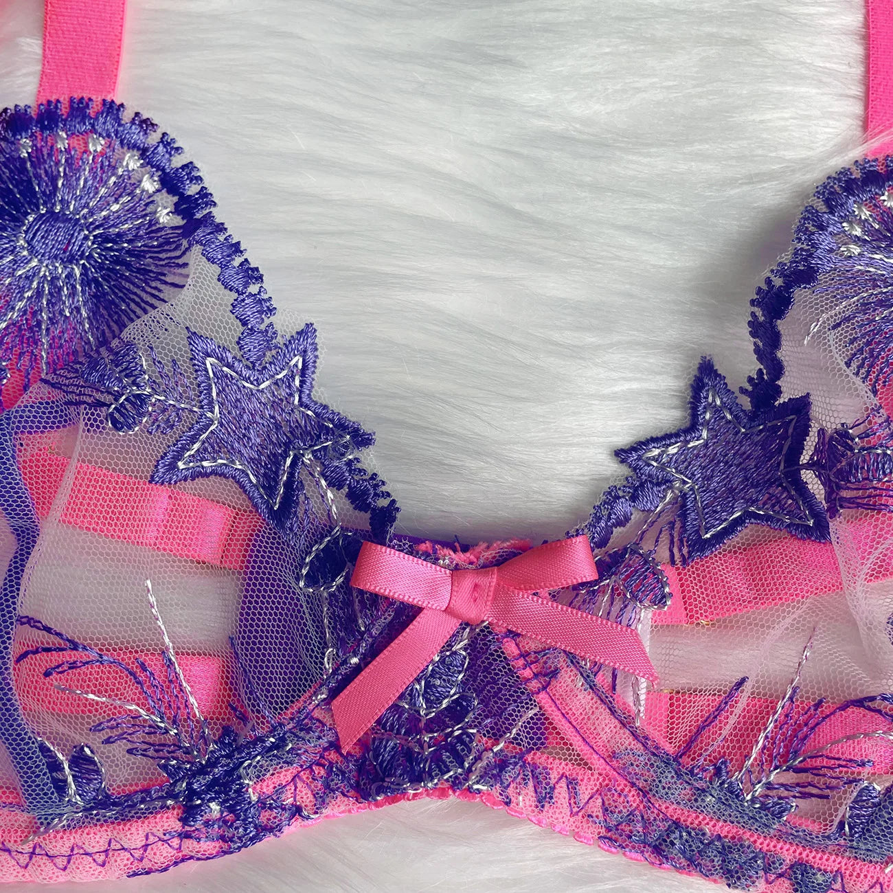 Pink Sheer Lace Floral Embroidery Lingerie Set