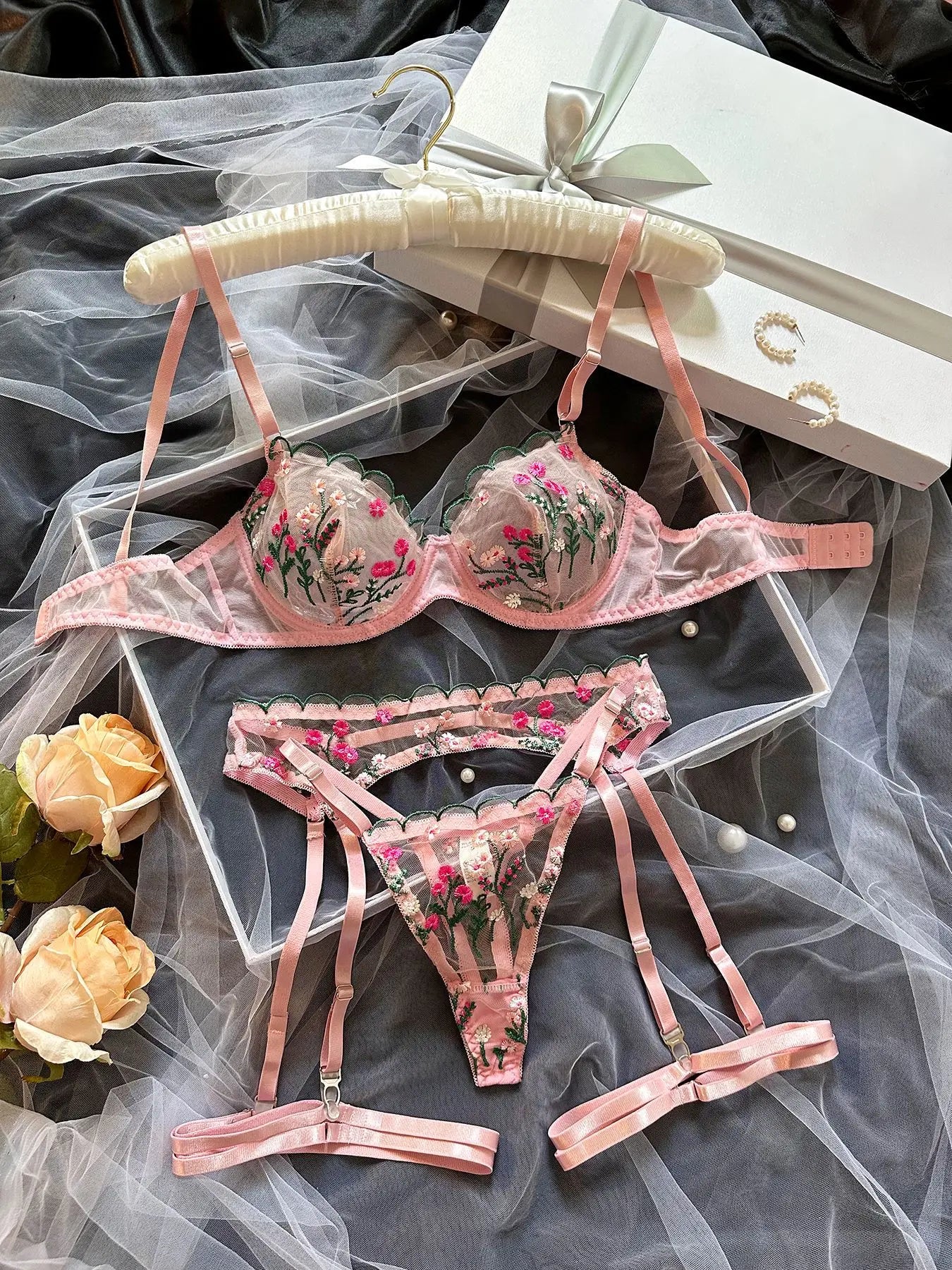 Dot Mesh Cut-Out Underwire Bra & Thong Set