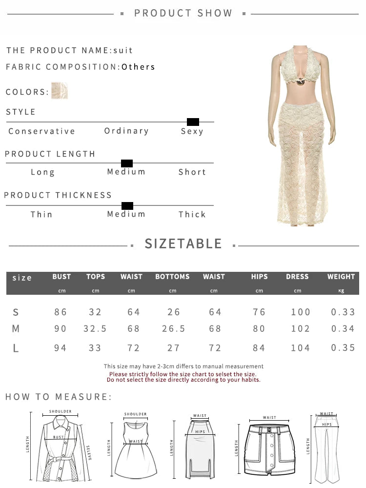 Sisterlinda 3d Flower Applique 3Piece Set Women Halter Metal Buckle Camisole+Briefs+See Through Long Skirts Ruched Elegant Suits