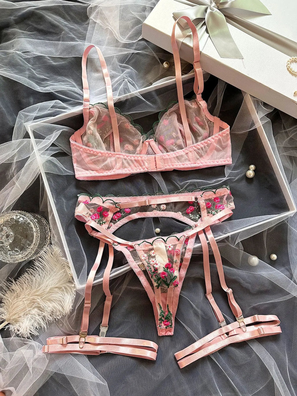 Dot Mesh Cut-Out Underwire Bra & Thong Set