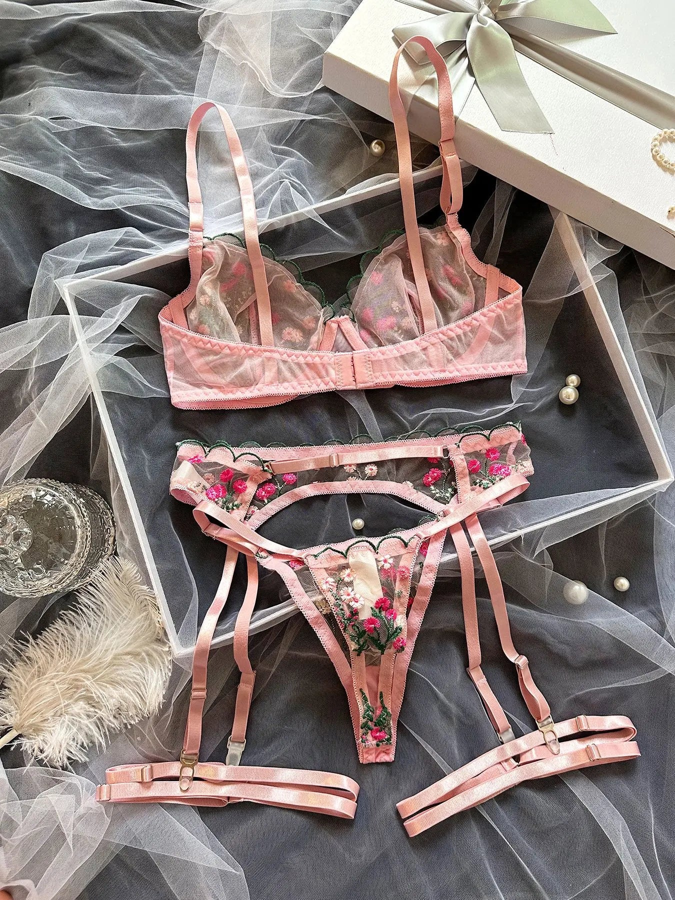 Dot Mesh Cut-Out Underwire Bra & Thong Set