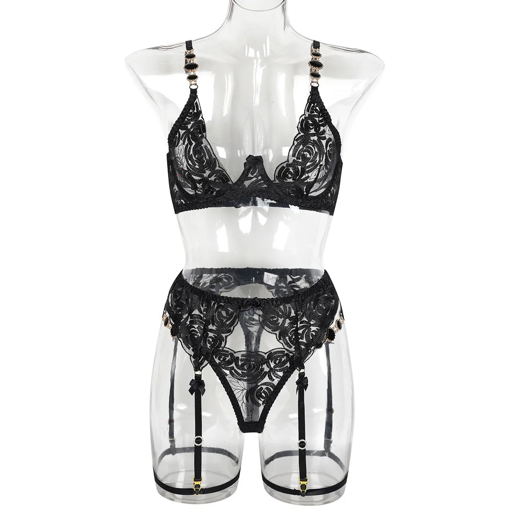 Luxury Embroidered Garter Lingerie Set – 3 Piece