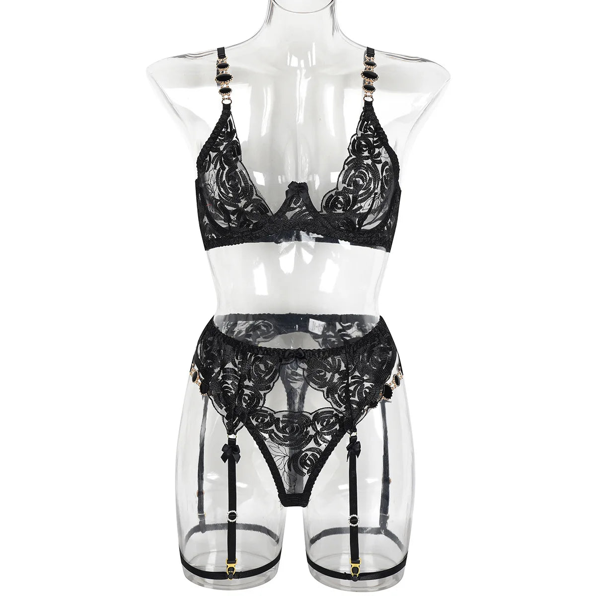 Luxury Embroidered Garter Lingerie Set – 3 Piece