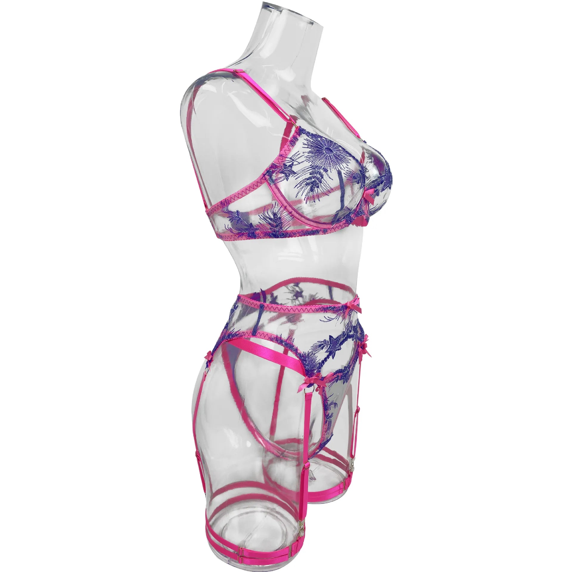 Pink Sheer Lace Floral Embroidery Lingerie Set