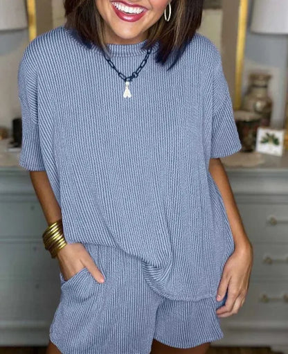 Summer 2-Piece Set – Solid O-Neck Short Sleeve T-Shirt & Loose Casual Shorts