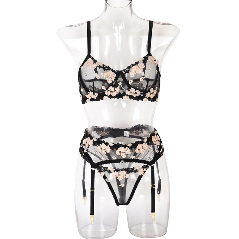 Floral Lace Transparent Bra & Thong Lingerie Set (3pcs)