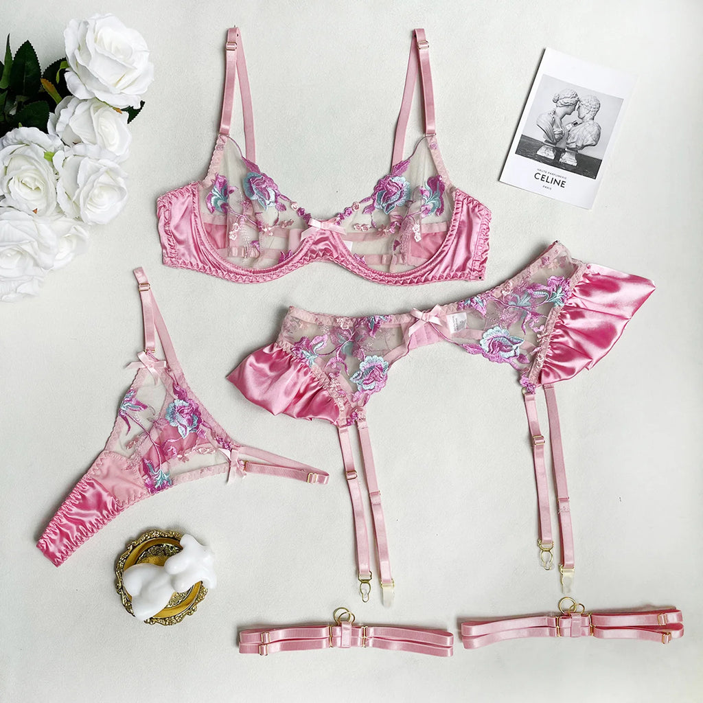 Ruffle Embroidery Push-Up Lingerie Set (4pcs)