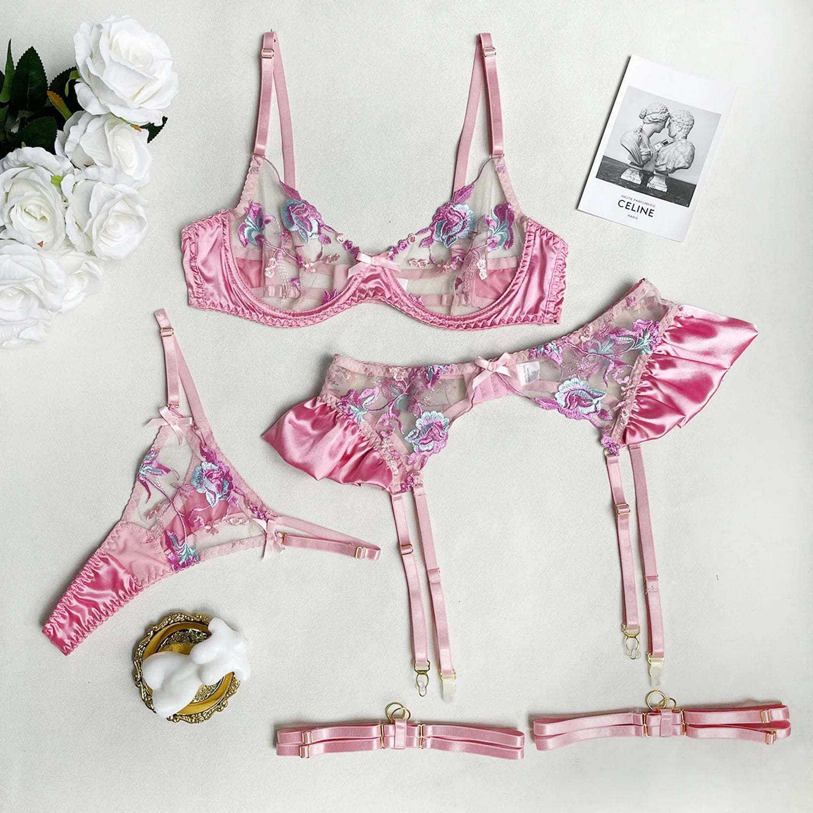 Ruffle Embroidery Push-Up Lingerie Set (4pcs)