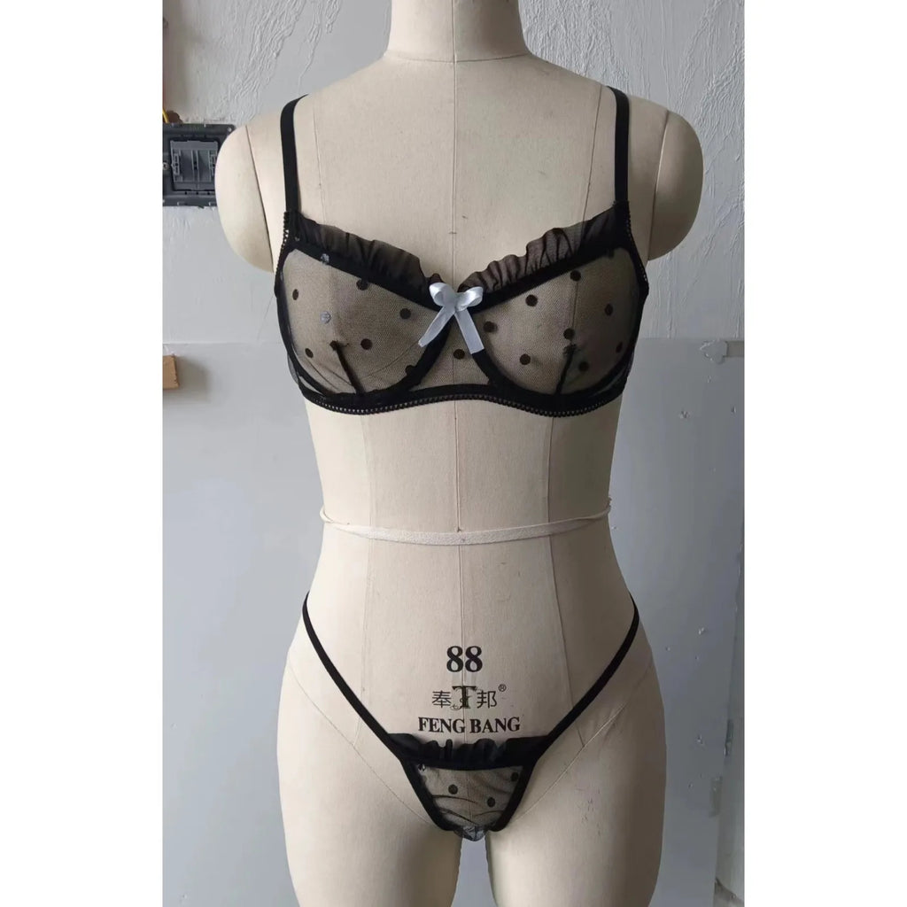 Dot Mesh Lace Underwire Bra & Thong Set