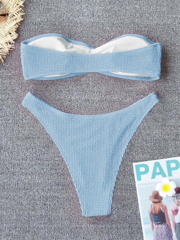 Sexy Textured Bikini 2025 Bandeau Swimsuit Women Swimwear Push Up Bikini Set Solid Bathing Suit Beach Wear Biquini Female