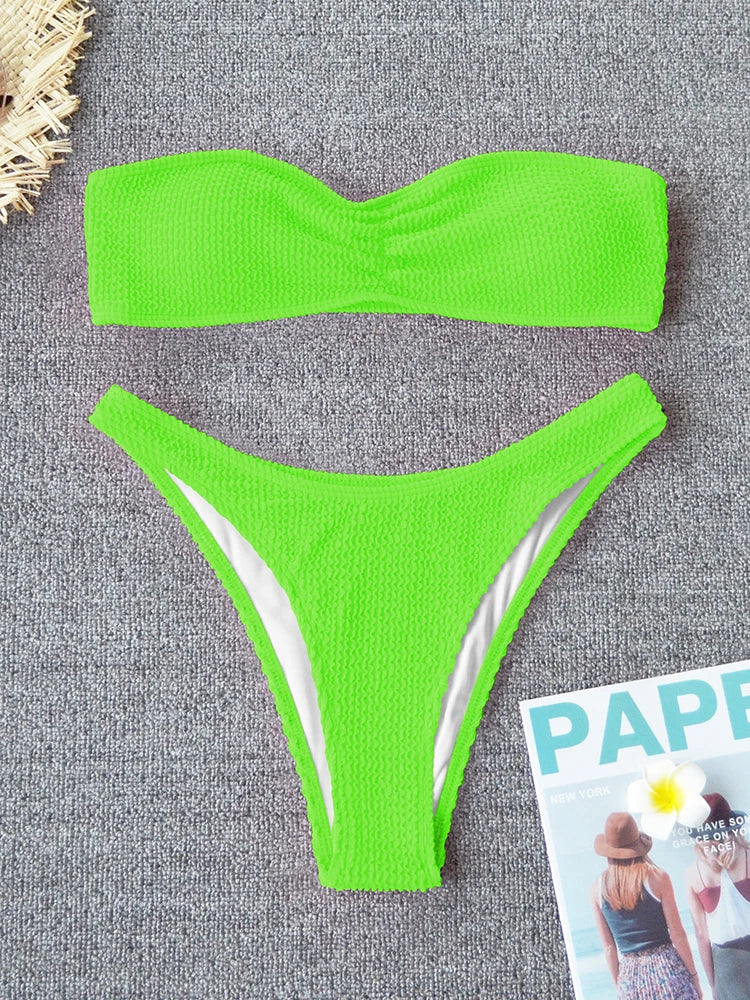 Sexy Textured Bikini 2025 Bandeau Swimsuit Women Swimwear Push Up Bikini Set Solid Bathing Suit Beach Wear Biquini Female