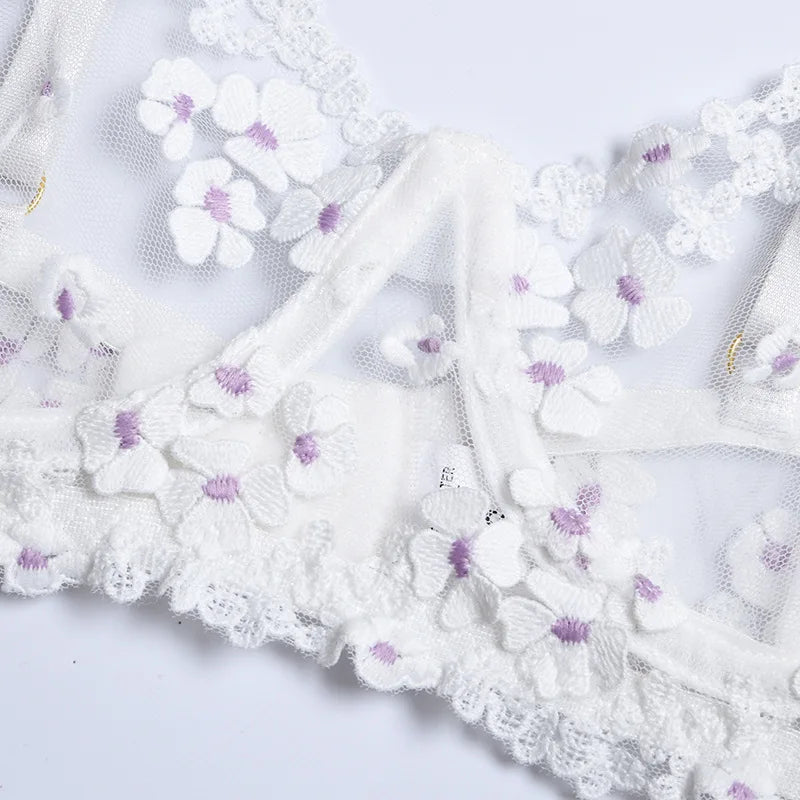 Floral Lace Transparent Bra & Thong Lingerie Set (3pcs)