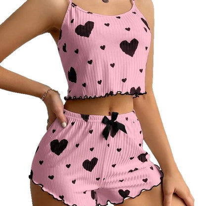 Heart Print Satin Pajama Set – Soft, Sexy Sleepwear for Women