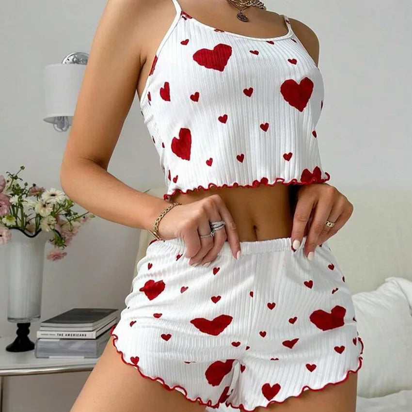 Heart Print Satin Pajama Set – Soft, Sexy Sleepwear for Women