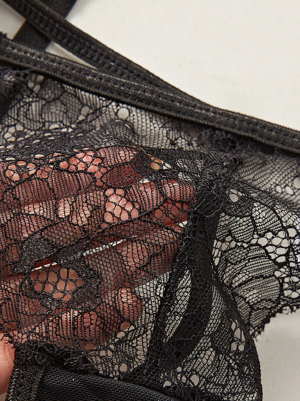 Erotic lingerie hollow three-piece set tight sexy black lace mesh erotic lingerie garter belt