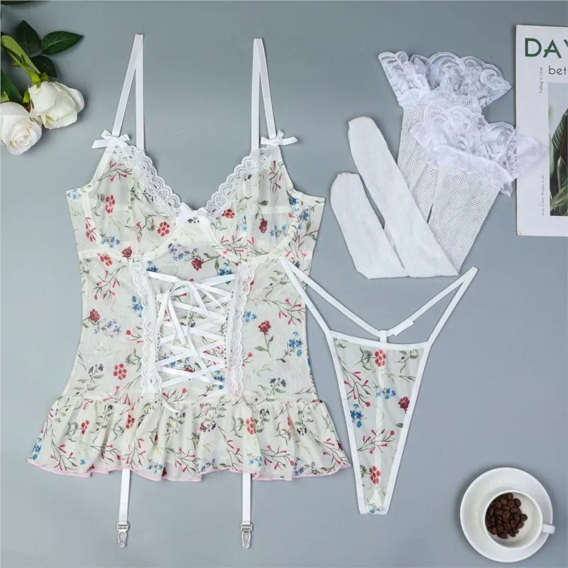 Lace-Up Corset Babydoll with Stockings