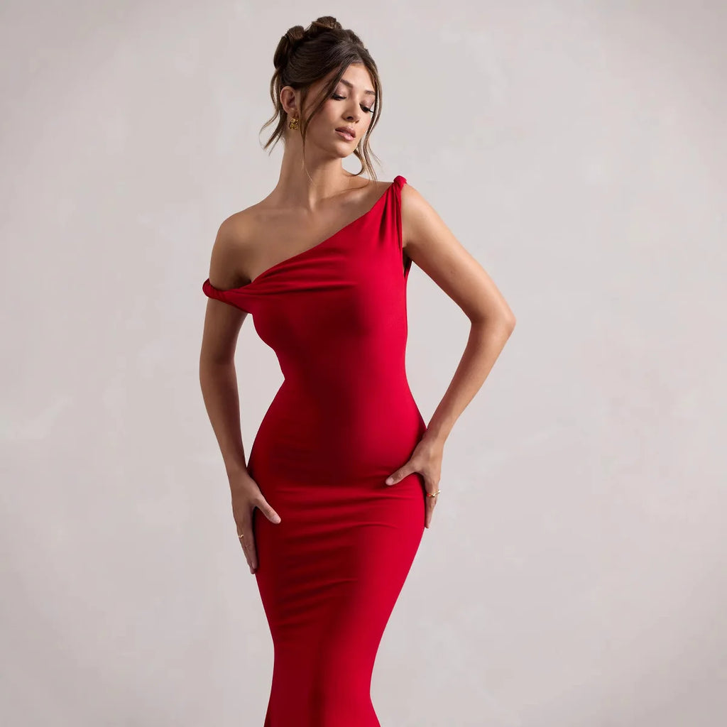 Western-style 2025 Autumn Cross-Border Women's Fashion Sexy Off-shoulder Oblique Shoulder Slim Fit Bodycon Solid Color Dress