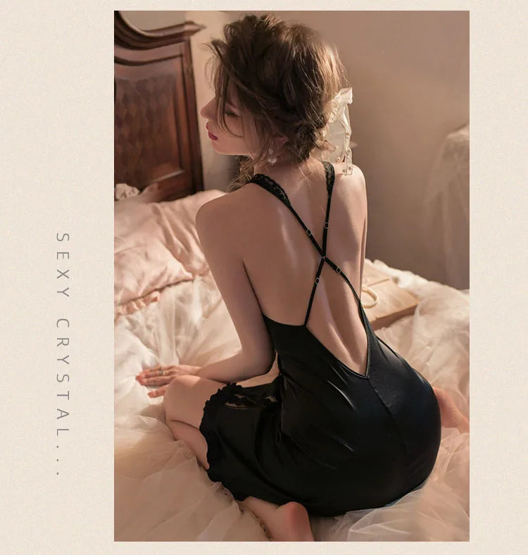 Silky Gauze Floral Nightdress Lingerie Ice Silk Lace Strap Sleepwear