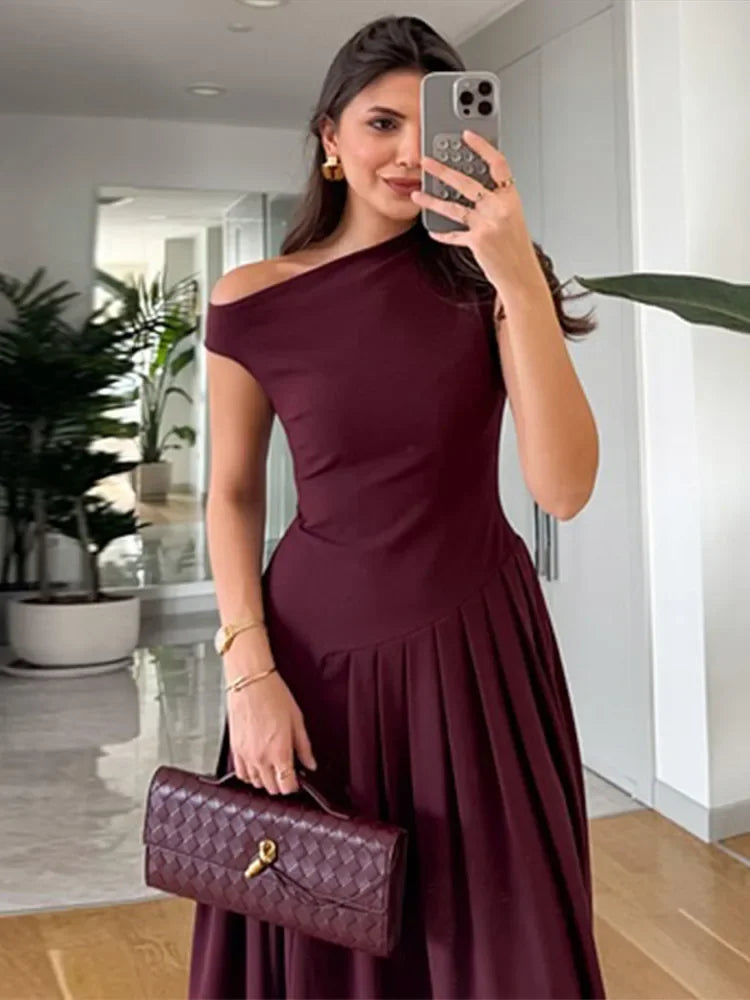 Women Elegant Wine Red Irregular Neck Slim Dress Fashion Sleeveless High Waist Pleated Hem Dresses  Chic Lady Party Robes