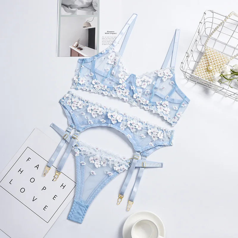 Floral Lace Transparent Bra & Thong Lingerie Set (3pcs)