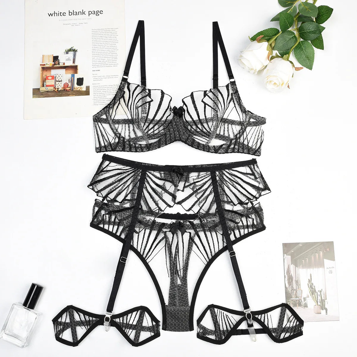 Transparent Lace Panel Bra & Thong Set