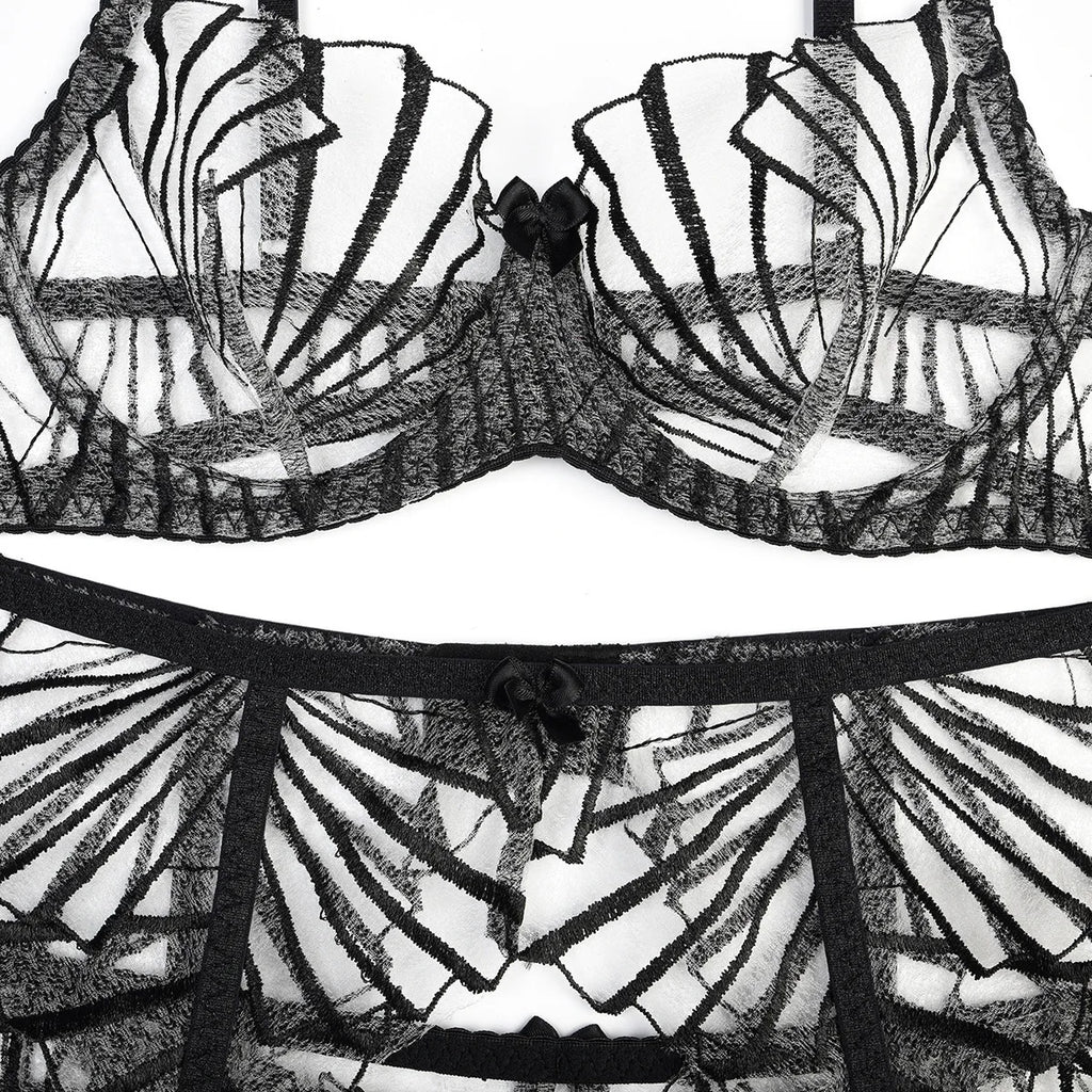 Transparent Lace Panel Bra & Thong Set