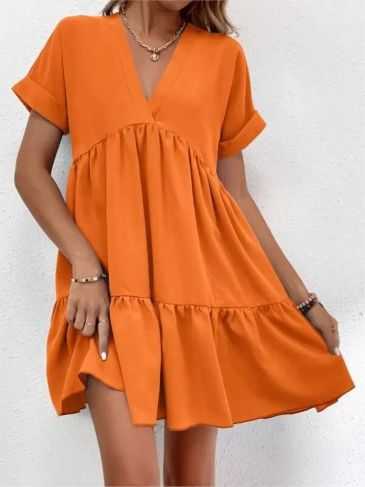 Women's Short Dress New Summer Style Fresh And Sweet V-neck Solid Color Large Swing Elegant Casual Short Dress