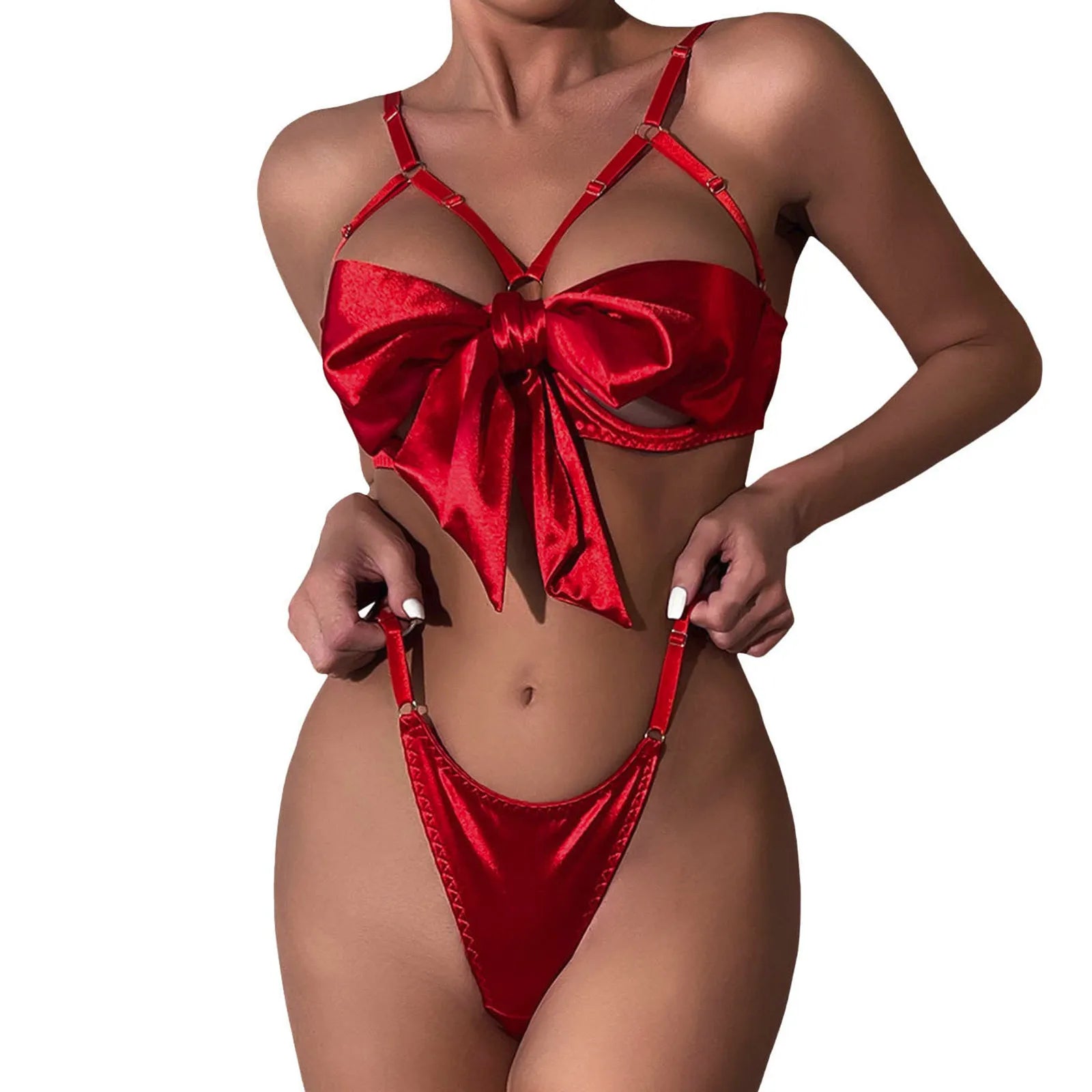 Red Bow Open Bra & Thong Pajama Set