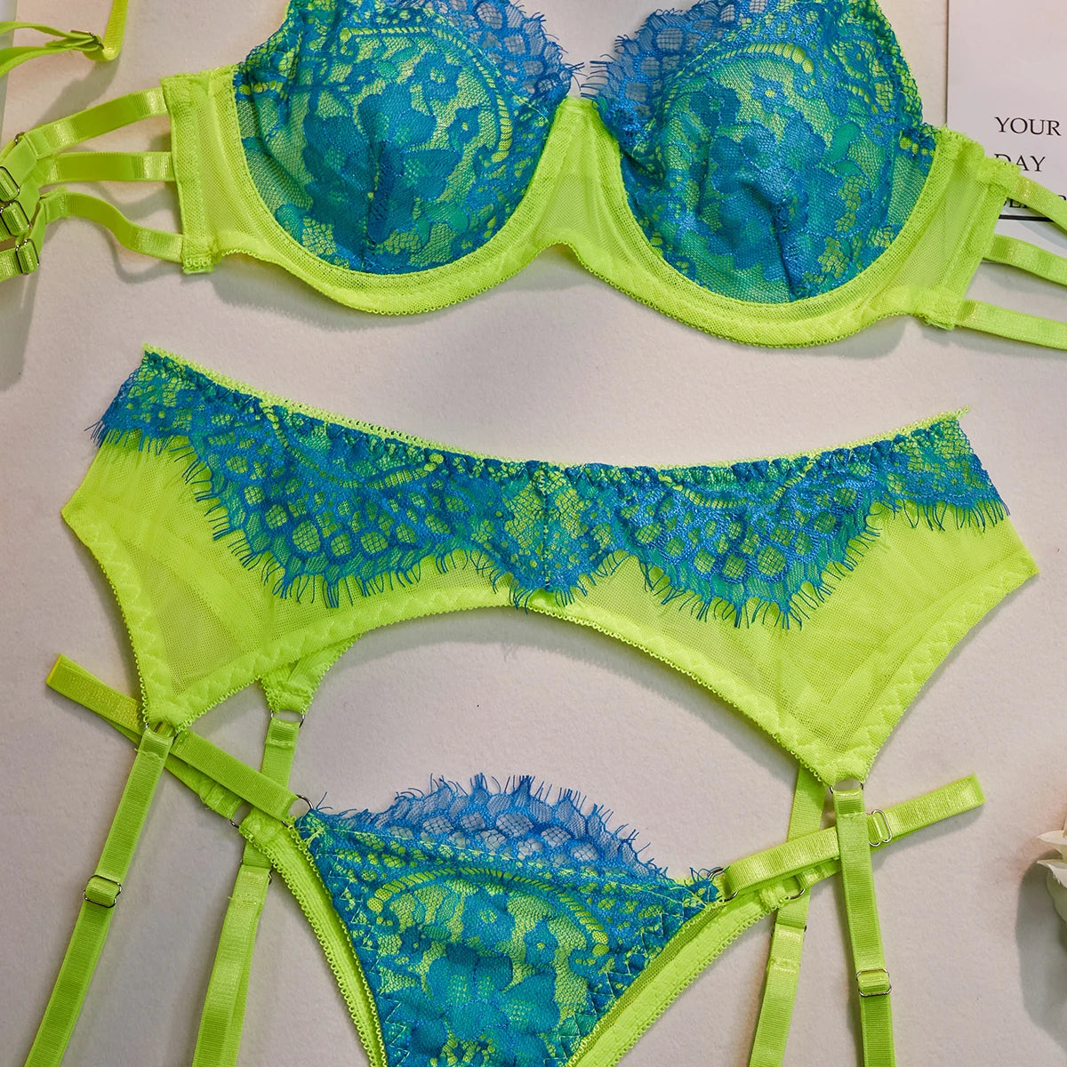 Blue Embroidered Lace Bra & Panty Set