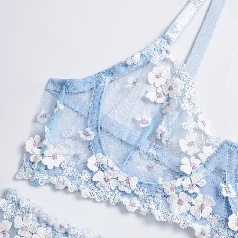 Floral Lace Transparent Bra & Thong Lingerie Set (3pcs)