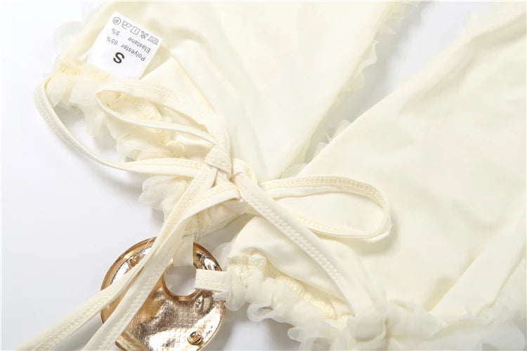 Sisterlinda 3d Flower Applique 3Piece Set Women Halter Metal Buckle Camisole+Briefs+See Through Long Skirts Ruched Elegant Suits