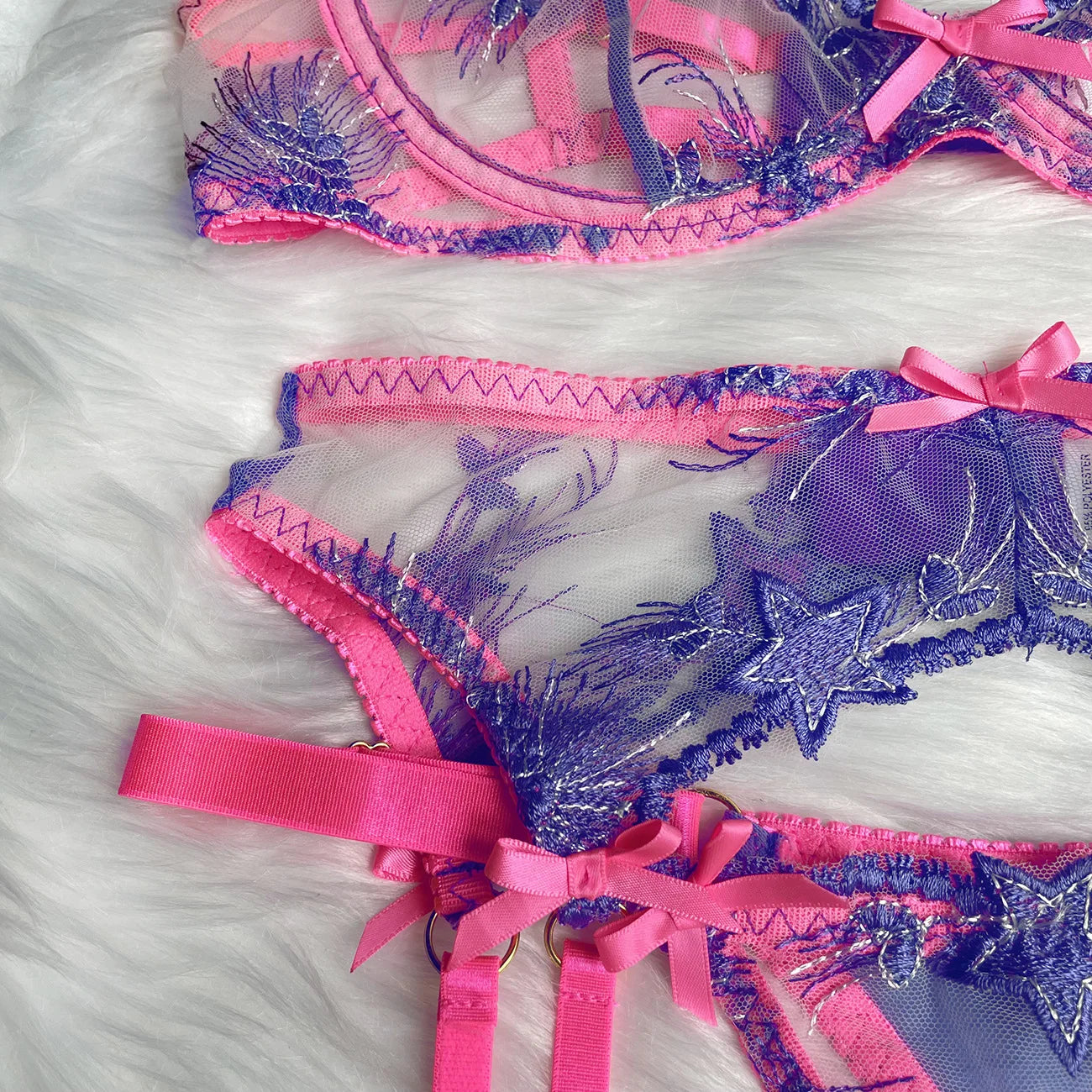 Pink Sheer Lace Floral Embroidery Lingerie Set