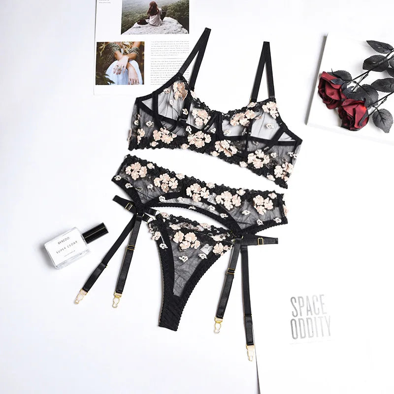 Floral Lace Transparent Bra & Thong Lingerie Set (3pcs)