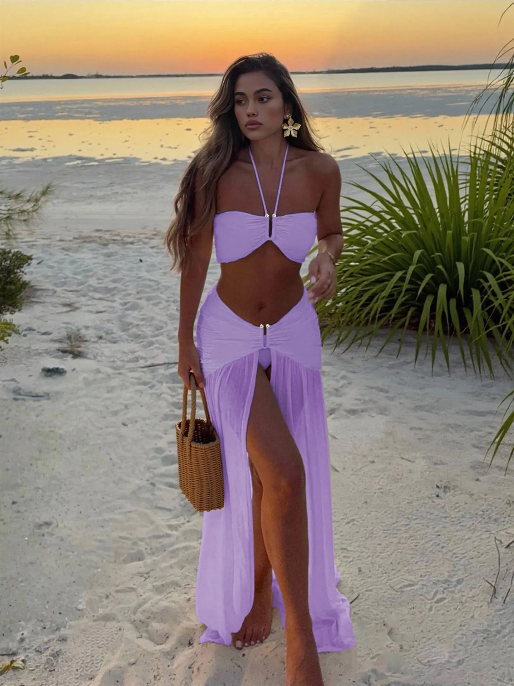 Halter Neck 3 Piece Bikini Set with Sheer Split Maxi Skirt Sexy White Summer Beach Dress Vacations Outfits Pool Party Wear K236