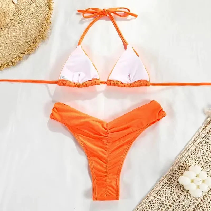 Sexy Micro Bikinis 2025 Women Halter Brazilian Bikini Set Female Pleated Swimsuit New Triangle Swimwear Beach Wear Bathing Suit
