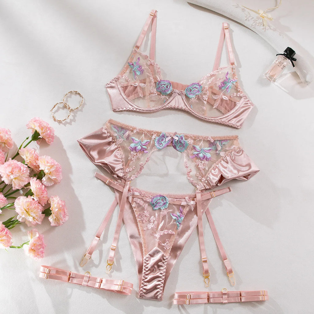 Ruffle Embroidery Push-Up Lingerie Set (4pcs)