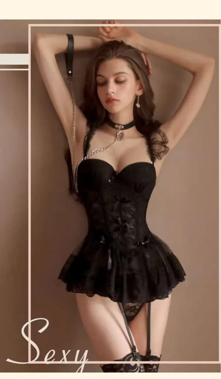 Pink French Lace Corset Bra & Thong Lingerie Set