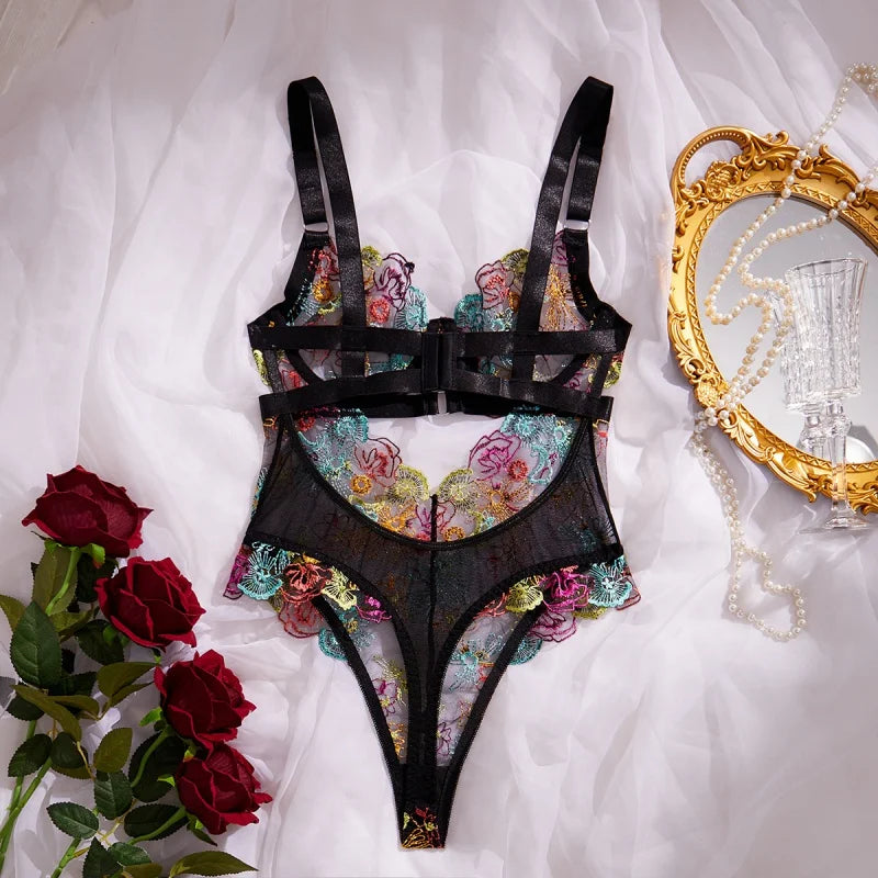 Floral Lace Push-Up Lingerie – One-Piece Embroidered Bikini Bra Bodysuit
