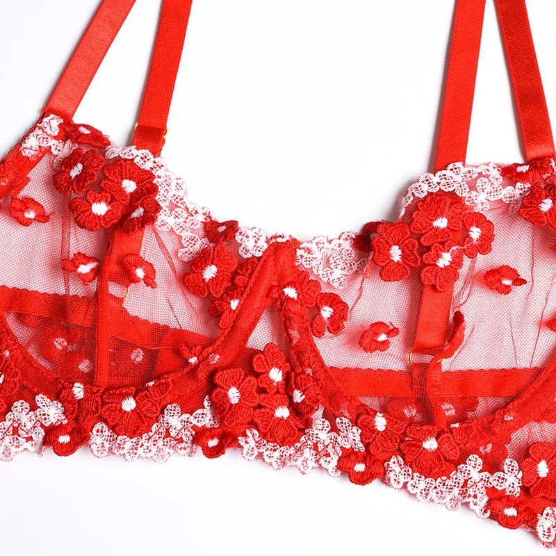 Floral Lace Transparent Bra & Thong Lingerie Set (3pcs)