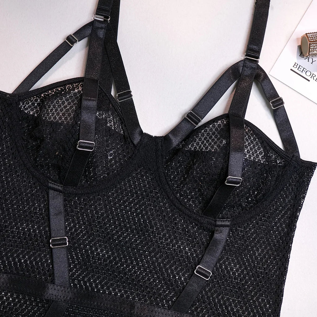 Hollow-Out Lace Bodysuit – Deep V Underwire