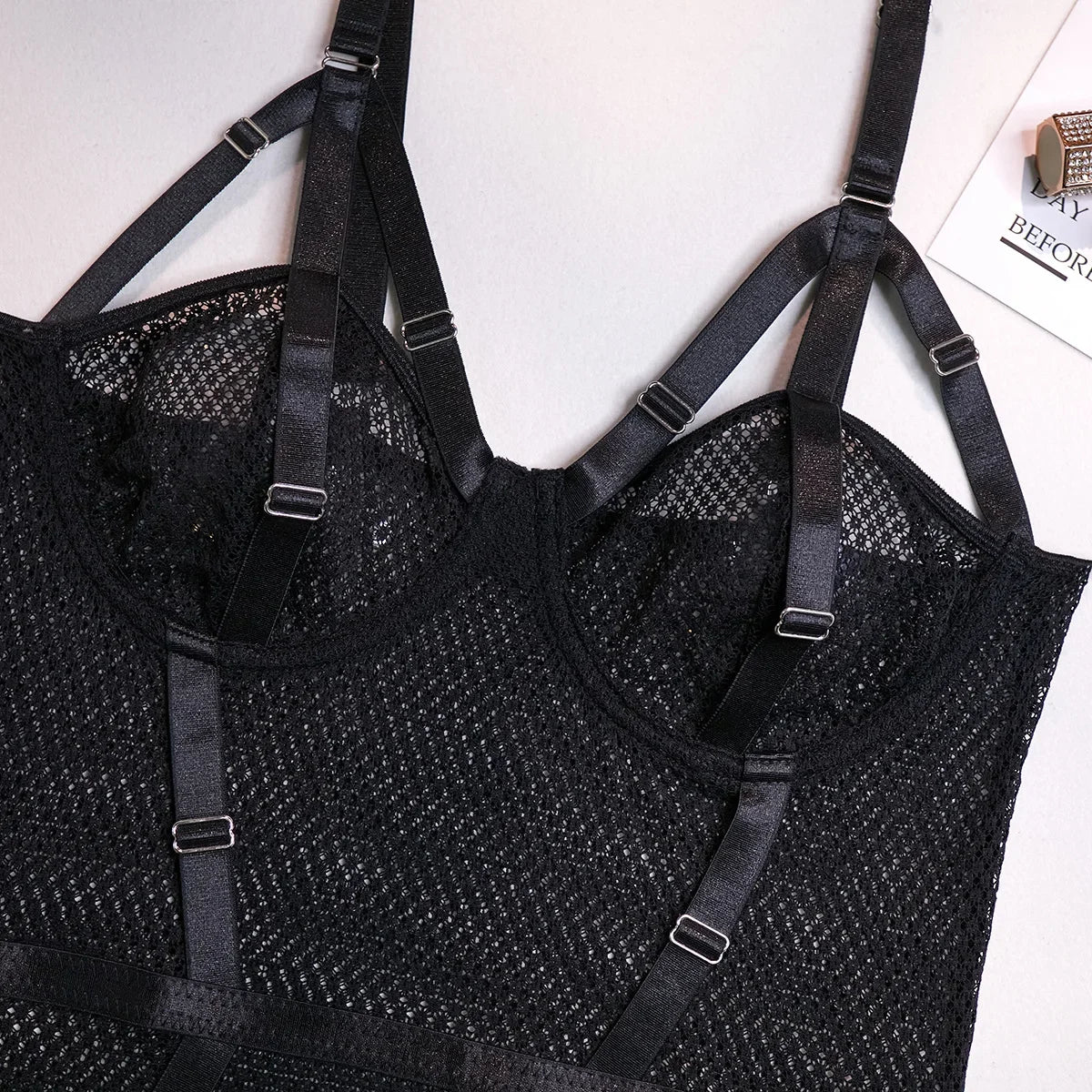 Hollow-Out Lace Bodysuit – Deep V Underwire