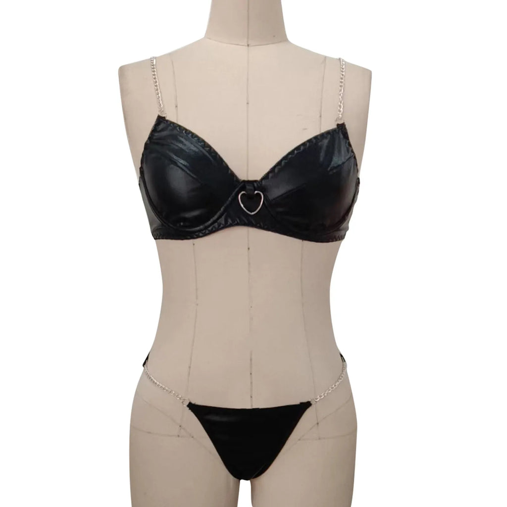 PU Leather Chain Three Point Lingerie Set