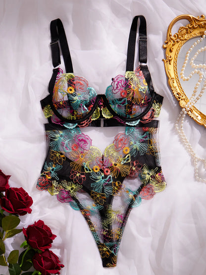Floral Lace Push-Up Lingerie – One-Piece Embroidered Bikini Bra Bodysuit