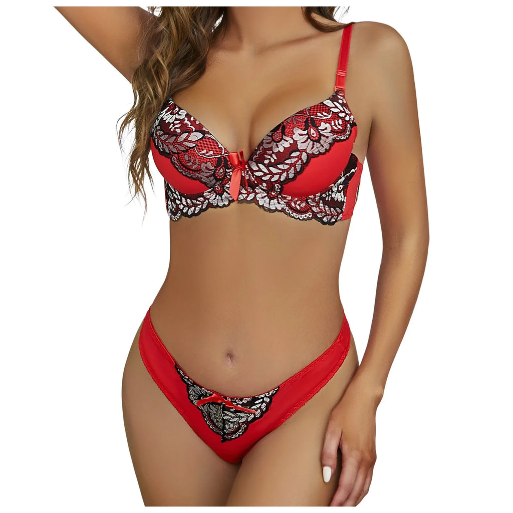 Floral Embroidery Push Up Bra & Thong Set