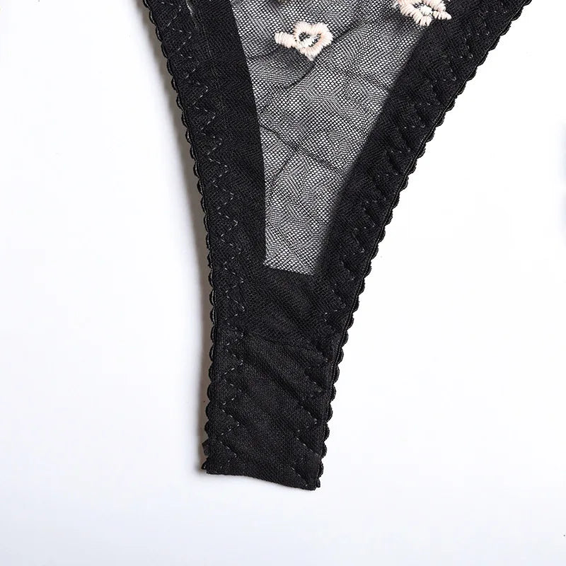 Floral Lace Transparent Bra & Thong Lingerie Set (3pcs)